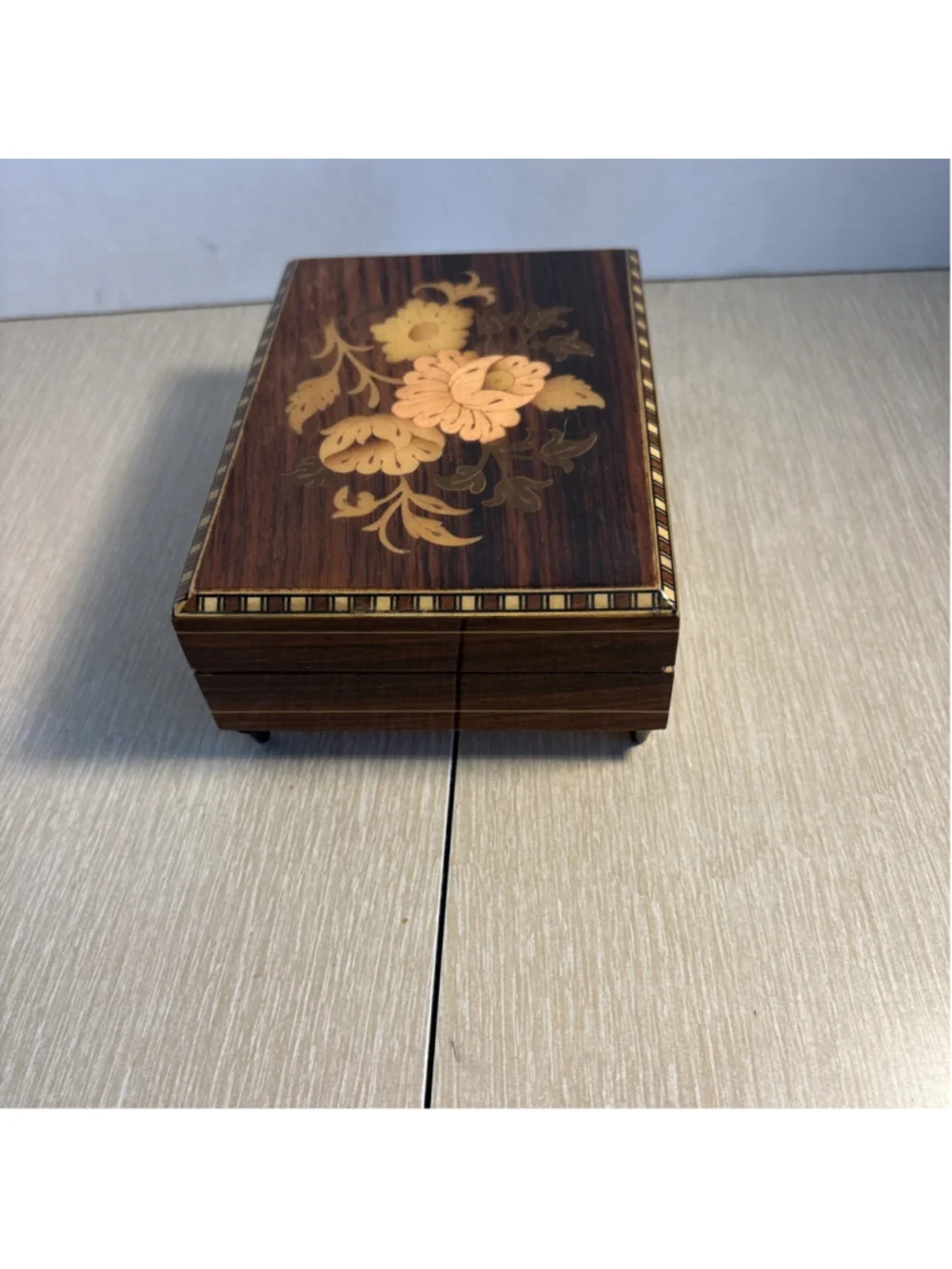 Vtg Italian Sorrento Inlaid Wood Music Box Floral Marquetry Jewelry Trinket 1054